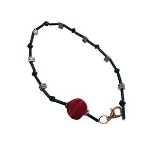 Red Circle Stone w/ Black & Silver Beaded Bracelet